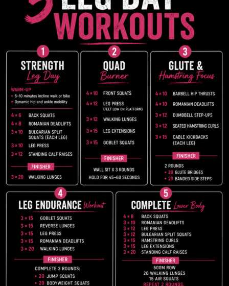 Infographic featuring five leg day gym workouts, including strength, quad, glute and hamstring, endurance and complete lower body routines. Each workout includes exercises, sets, reps and finisher challenges to help build strength and muscle.