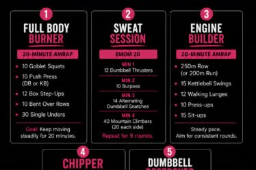 Portrait infographic showing five low-skill 20-minute CrossFit workouts with beginner-friendly exercises including squats, kettlebell swings, burpees, lunges and dumbbell movements.