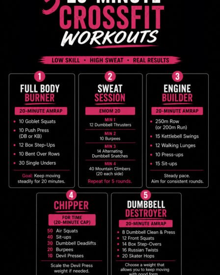 Portrait infographic showing five low-skill 20-minute CrossFit workouts with beginner-friendly exercises including squats, kettlebell swings, burpees, lunges and dumbbell movements.