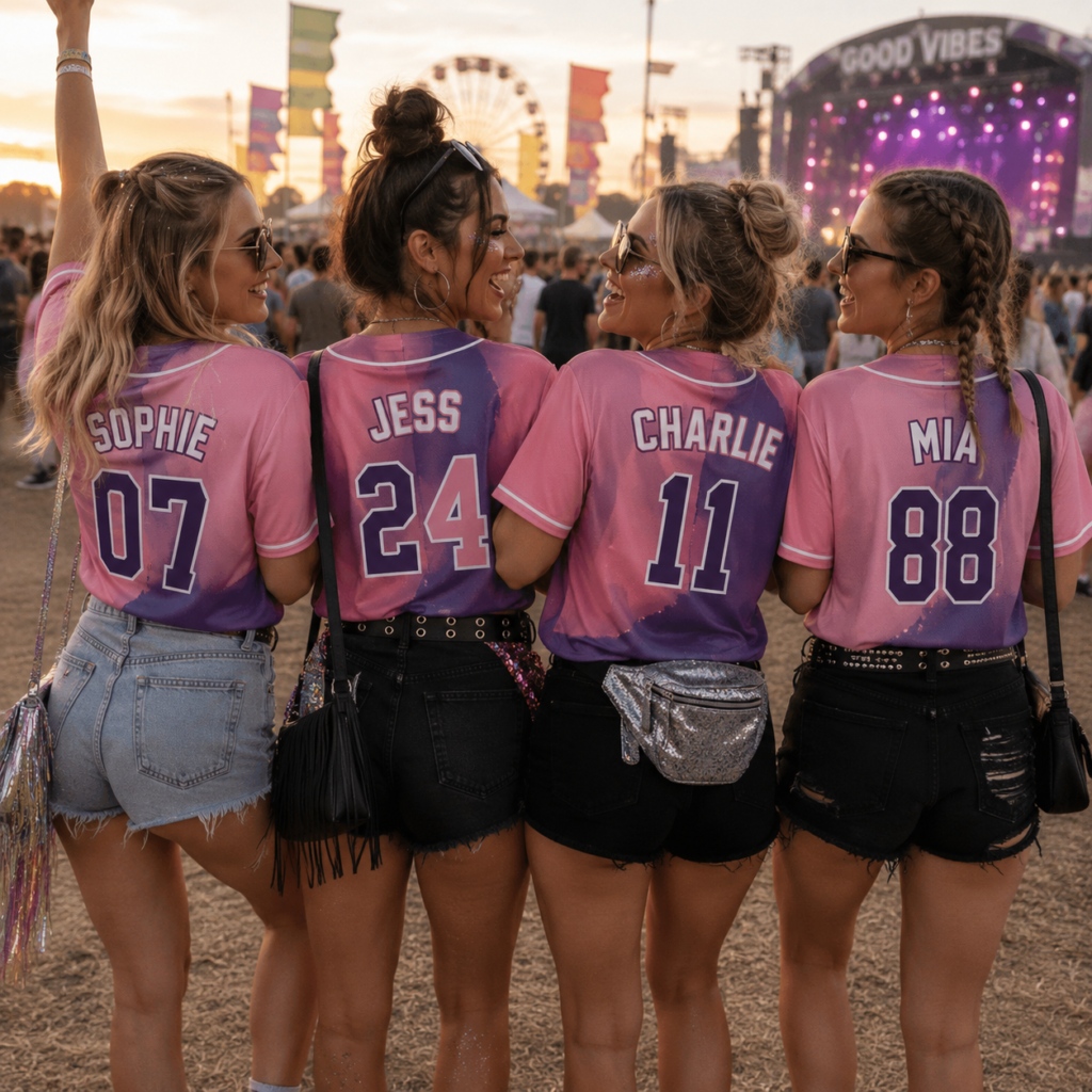 Four women wearing personalised pink and purple sports jerseys walking together at a festival, showing custom names and numbers on the back.
