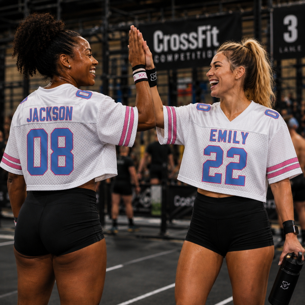 Two female CrossFit athletes celebrating with a high five during a fitness competition while wearing personalised sports jerseys.