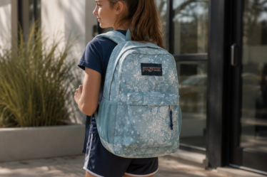 Tween girl wearing a light blue floral Jansport backpack with a PE kit and white trainers, standing outside a modern school building in soft natural light.