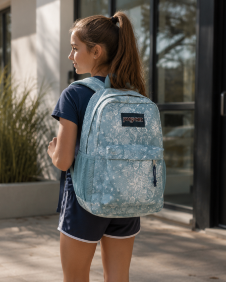 Tween girl wearing a light blue floral Jansport backpack with a PE kit and white trainers, standing outside a modern school building in soft natural light.