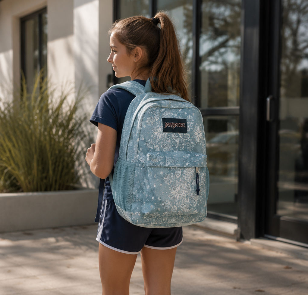 Tween girl wearing a light blue floral Jansport backpack with a PE kit and white trainers, standing outside a modern school building in soft natural light.