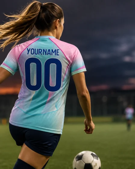 Female football player wearing a personalised Ladies FC football shirt while playing on a floodlit football pitch.