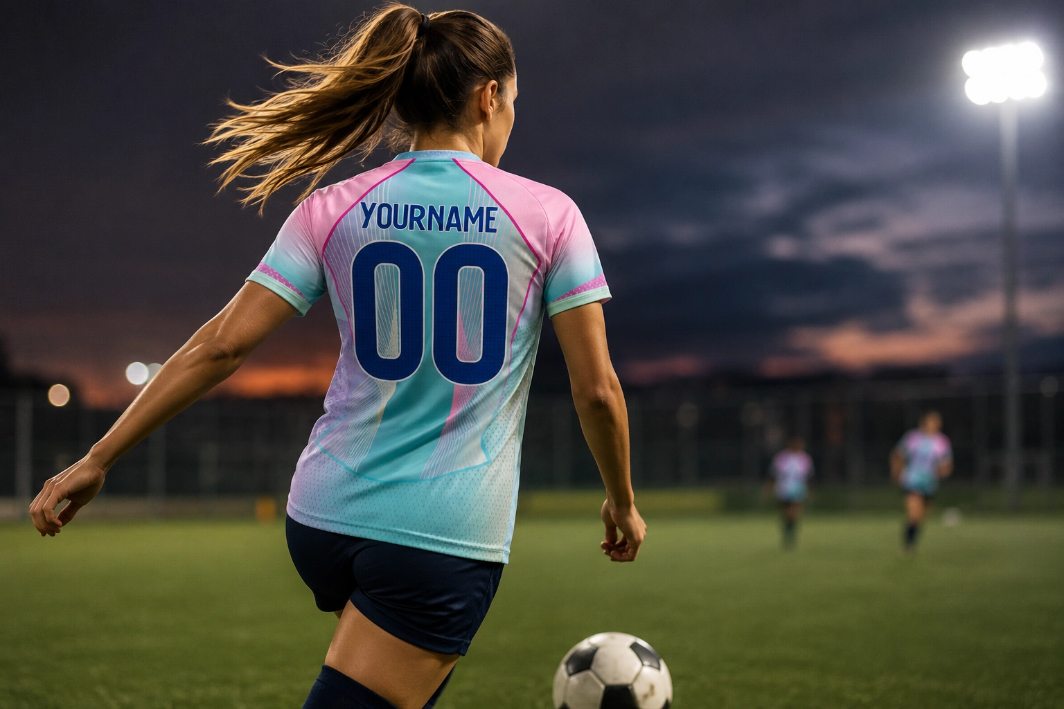 Female football player wearing a personalised Ladies FC football shirt while playing on a floodlit football pitch.