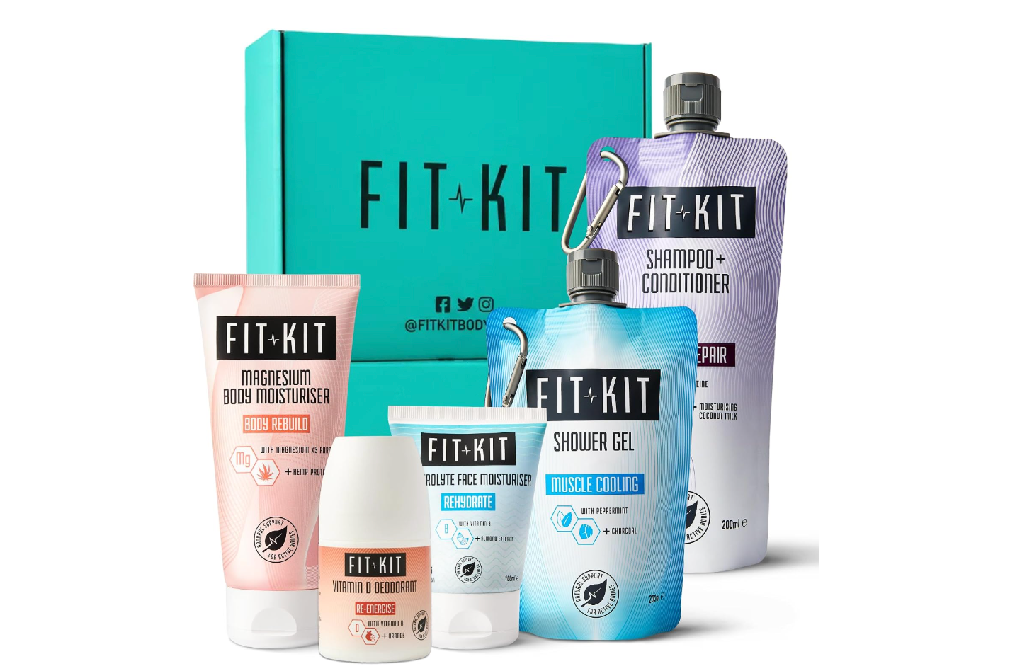 Fit Kit Bodycare recovery toiletries gift set including shower gel, shampoo, conditioner, magnesium body moisturiser, face moisturiser and deodorant.