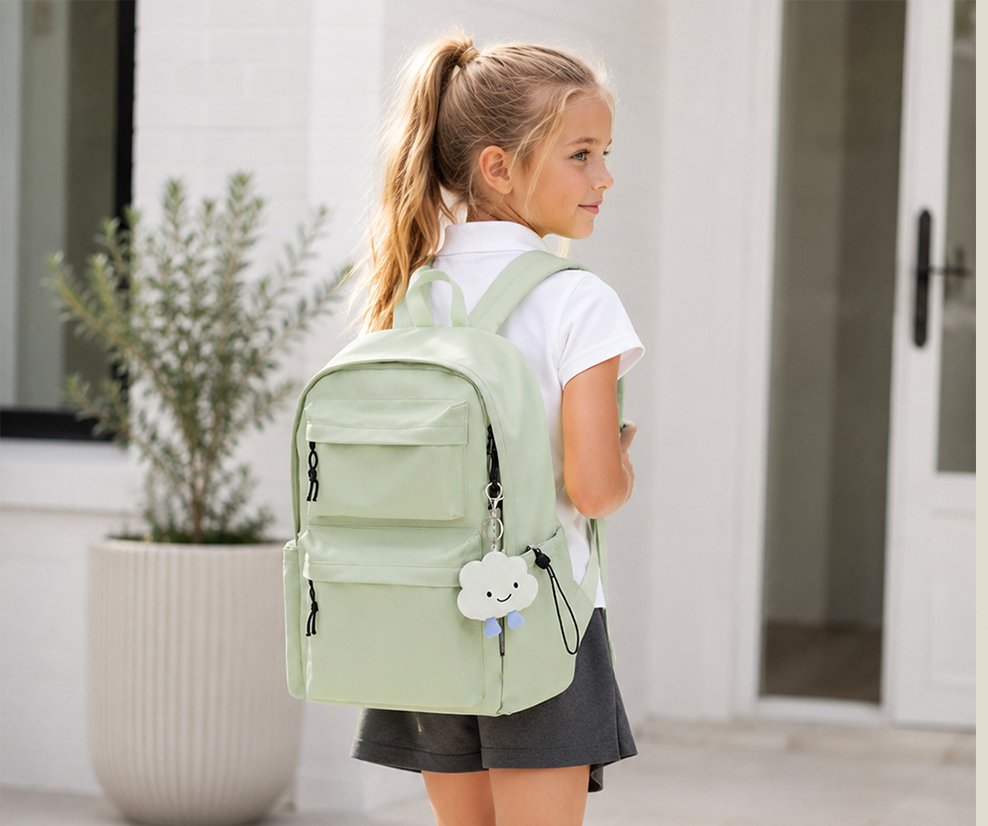 Young schoolgirl wearing a mint green backpack with a cute cloud keychain, dressed in uniform ready for the first day of school.