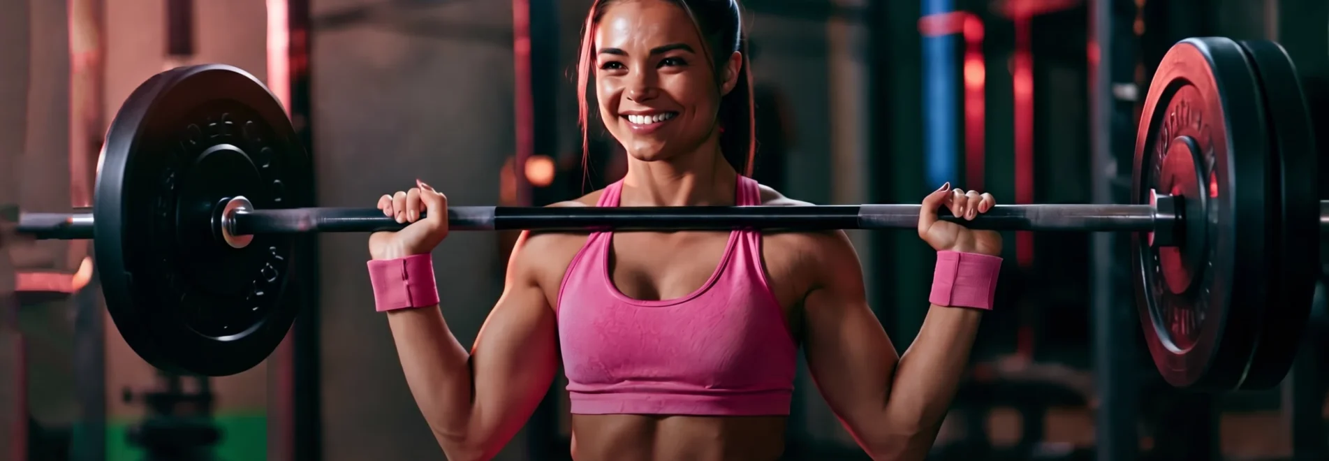 Smiling athletic woman performing a barbell back squat in a modern gym while wearing pink gym wear and lifting accessories.